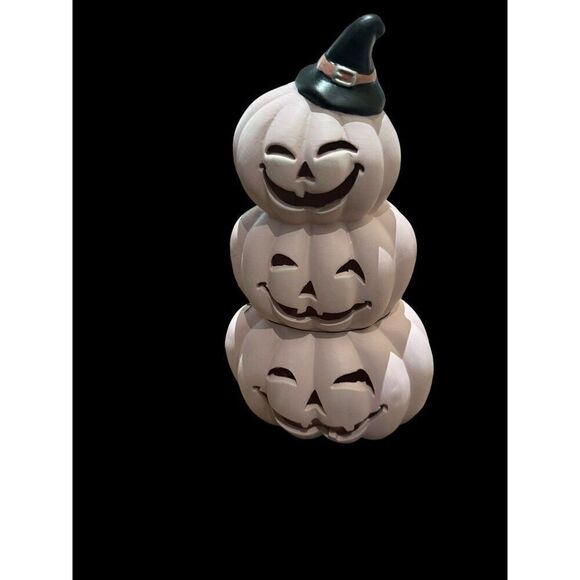 LED Stacked 3 tier Pink Halloween Pumpkins w witch hat - Picture 2 of 5